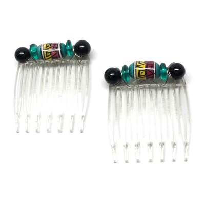 Two Sets of 2 Small Hair Combs Peruvian Ceramic Black Obsidian - image2